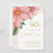 90E verjaardag Goud Roze Elegant Bloemen Verjaarda Kaart (Voorkant)