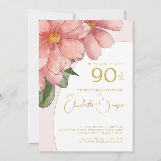 90E verjaardag Goud Roze Elegant Bloemen Verjaarda Kaart (Voorkant)