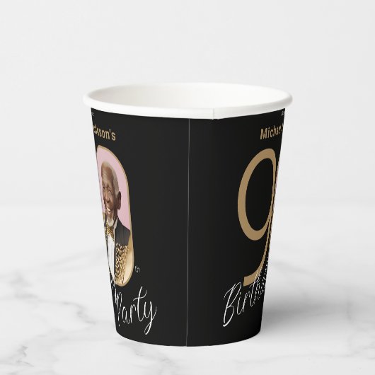 90e verjaardag Goud Zwart Elegant Custom Foto Papieren Bekers (Rechts)