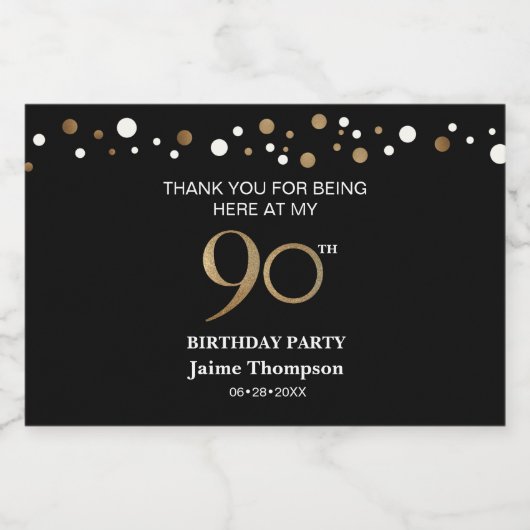 90e verjaardag Goud zwart thema confetti dank u Sparkling Wijnetiket (Enkel label)