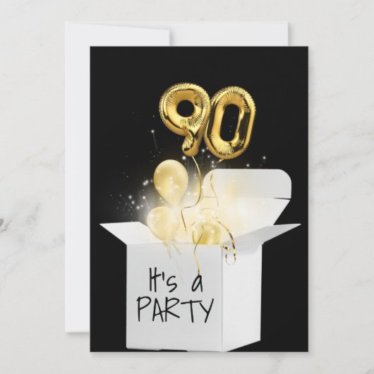 90e verjaardag goudballonnen in witte doos kaart (Voorkant)