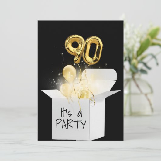 90e verjaardag goudballonnen in witte doos kaart (Staand voorkant)