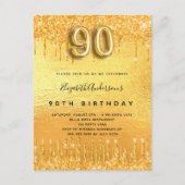 90e verjaardag gouden glitter druppels uitnodiging briefkaart (Voorkant)