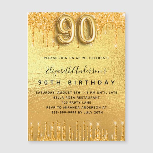 90e verjaardag gouden glitter uitnodiging magnet (Voorkant)
