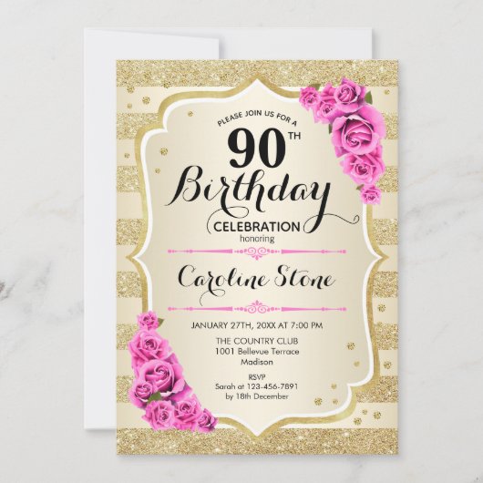90e verjaardag - Gouden Stripes Rozen Uitnodiging (Voorkant)