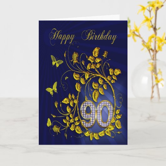 90e verjaardag gouden vlinders kaart (Gele Bloem)