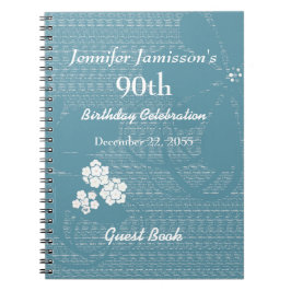 90e verjaardag Guest Book Blue, White Floral Notitieboek