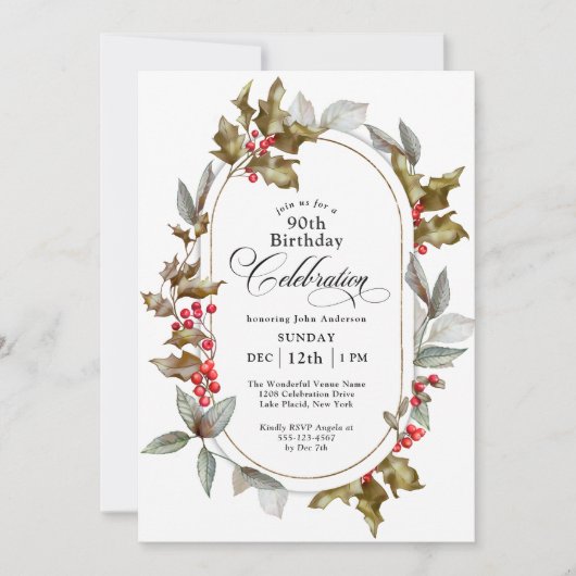 90e verjaardag Holly Berry Winter Kaart (Voorkant)