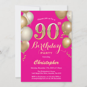 90e verjaardag Hot Pink en Gold Balloons Confetti Kaart
