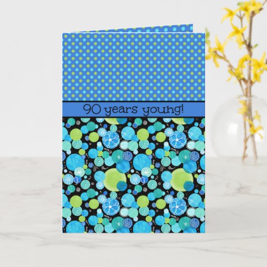 90e verjaardag Kaart: Quirky Moons and Polka Dots Kaart (Gele Bloem)