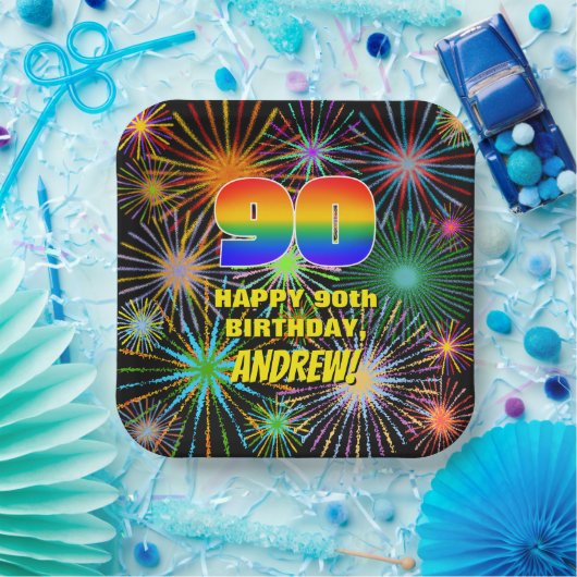 90e verjaardag: Kleurrijk, gevierd vuurwerk Papieren Bordje (Feest)