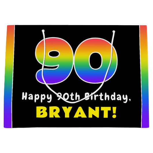 90e verjaardag: kleurrijke regenboog # 90, aangepa groot cadeauzakje (Voorkant)