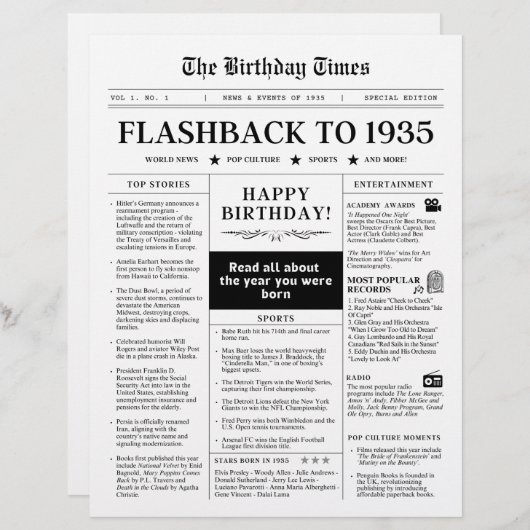 90e verjaardag krant 1935 Monotone (Voorkant / Achterkant)