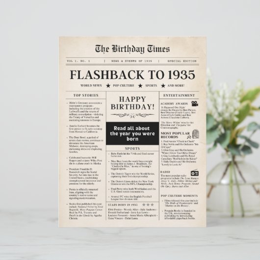 90e verjaardag krant 1935 sepia (Staand voorkant)