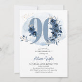 90e verjaardag Kustblauw Floral nummer 90 Kaart (Voorkant)