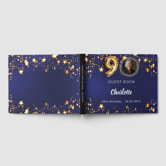 90e Verjaardag marine blauw goud sterren foto Gastenboek (Volledig)