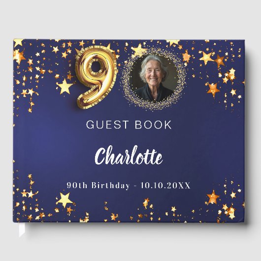 90e Verjaardag marine blauw goud sterren foto Gastenboek (Voorkant)