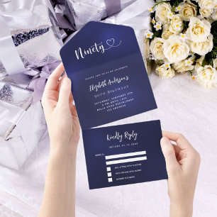 90e Verjaardag marine blauw zilver rsvp All In One Uitnodiging