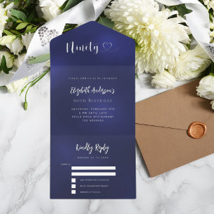 90e Verjaardag marine blauw zilver rsvp All In One Uitnodiging