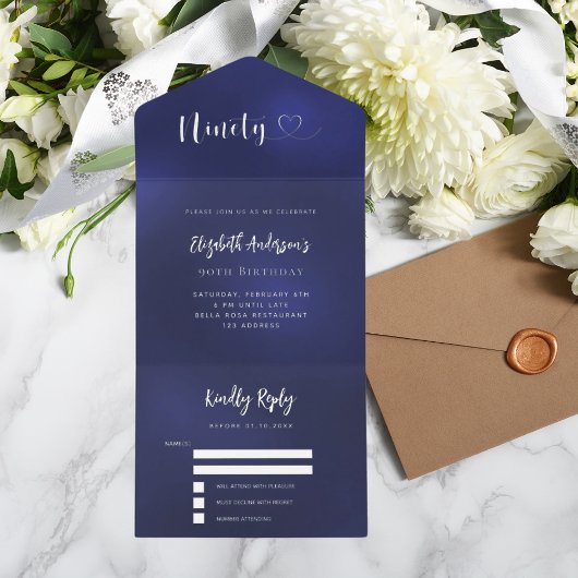 90e Verjaardag marine blauw zilver rsvp All In One Uitnodiging