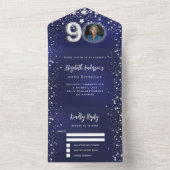 90e Verjaardag marine blauwe foto zilveren sterren All In One Uitnodiging (Binnen)