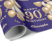90e verjaardag marineblauw en goudballonnen cadeaupapier (Rol Hoek)