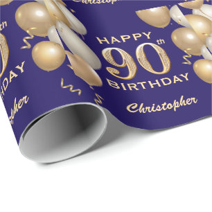 90e verjaardag marineblauw en goudballonnen cadeaupapier