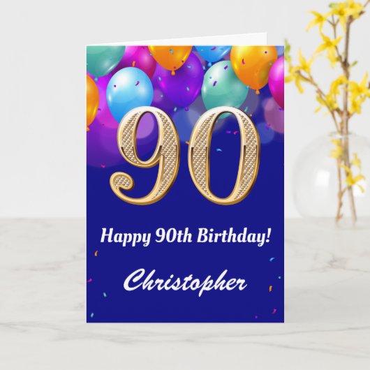 90e verjaardag marineblauw en goudkleurige ballonn kaart (Gele Bloem)