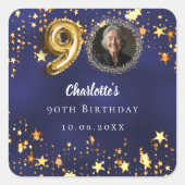 90e verjaardag marineblauw gouden sterren foto vierkante sticker (Voorkant)
