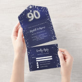 90e Verjaardag marineblauw zilveren sterren rsvp All In One Uitnodiging (Afscheurbaar)