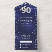 90e Verjaardag marineblauw zilveren sterren rsvp All In One Uitnodiging (Binnen)