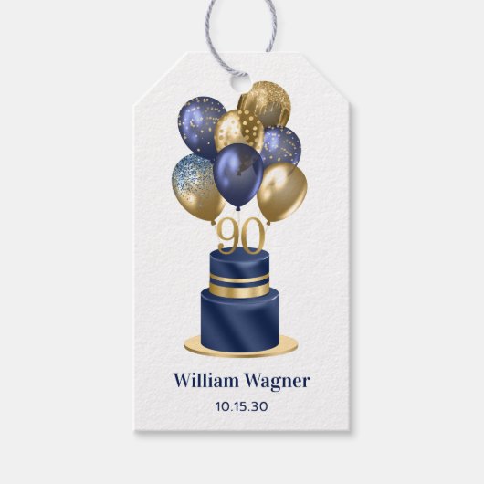 90e verjaardag marineblauwe cake cadeaulabel (Voorkant)
