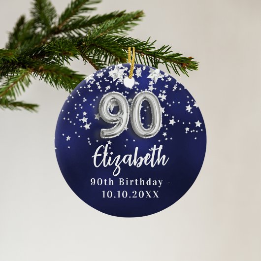 90e verjaardag marineblauwe zilveren sterren keramisch ornament
