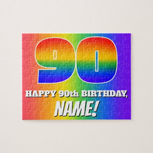 90e verjaardag — Meerkleurig regenboogpatroon "90" Legpuzzel (Horizontaal)
