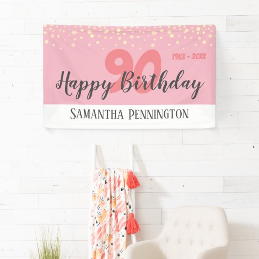 90e verjaardag met Confetti roze Spandoek (Insitu)