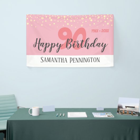 90e verjaardag met Confetti roze Spandoek (Beurs)