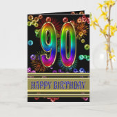90e verjaardag met regenboogbubbels en vuurwerk kaart (Gele Bloem)