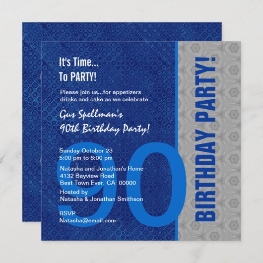 90e verjaardag Modern Blue en Silver S306 Kaart (Voorkant / Achterkant)