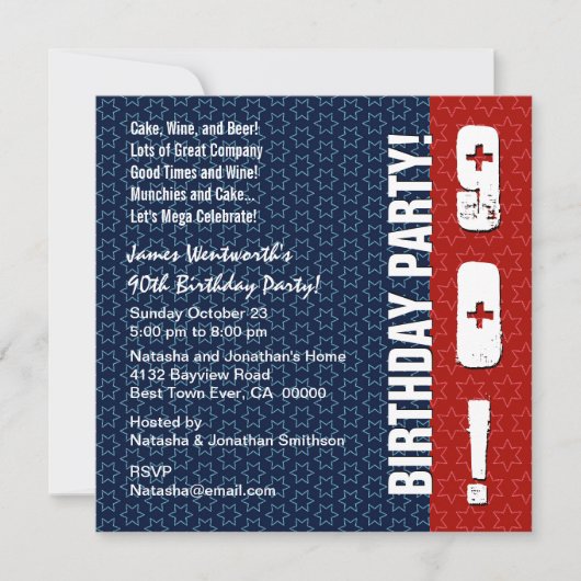 90e verjaardag Modern Red White Stars W302 Kaart (Voorkant)