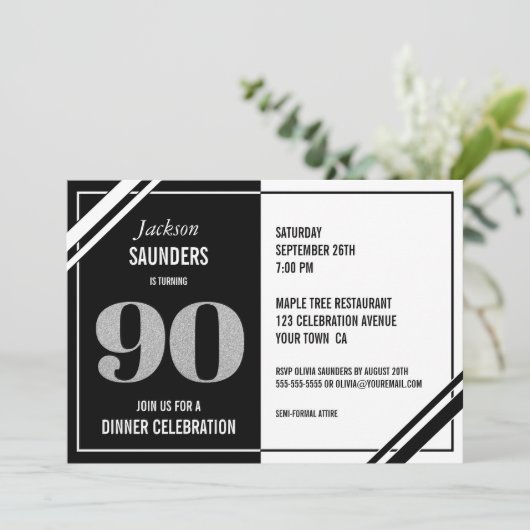 90e verjaardag Moderne zwarte en witte diner Kaart (Staand voorkant)