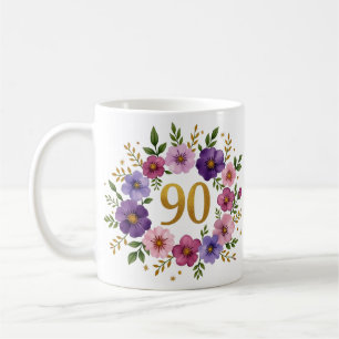 90e verjaardag Mok - Bloemenkrans met gouden numme