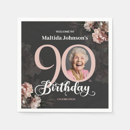 90e verjaardag Moody Floral Pink Custom Foto Servet (Voorkant)