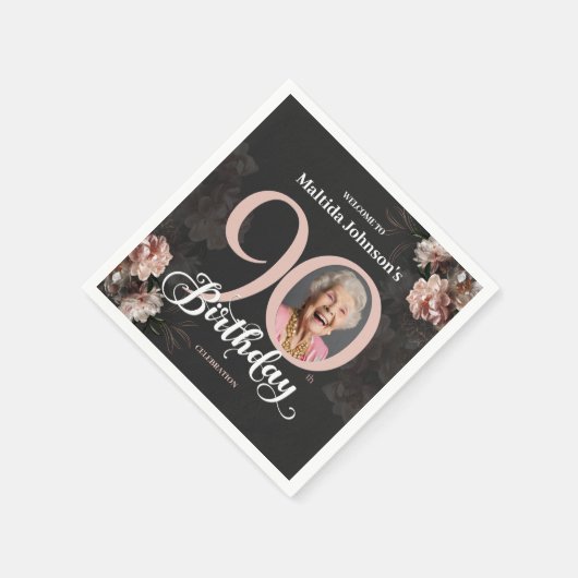 90e verjaardag Moody Floral Pink Custom Foto Servet (Hoek)