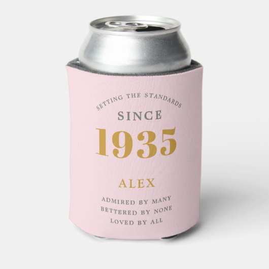 90e verjaardag naam 1935 roze grijs elegante Chic Blikjeskoeler (Blikje Achterkant)