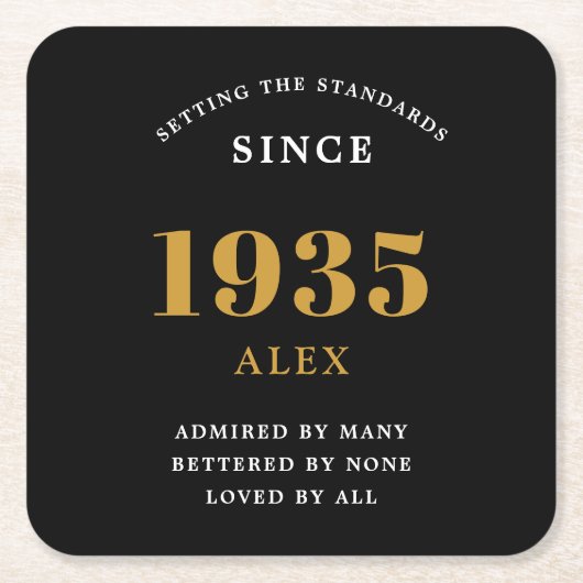 90e verjaardag naam 1935 zwart goud elegante Chic Kartonnen Onderzetters (Voorkant)