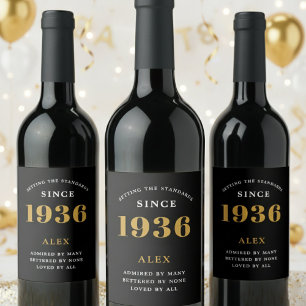 90e verjaardag Naam 1936 Zwart Goud Elegant Chic Wijn Etiket