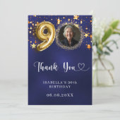 90e verjaardag navy blauw goud sterren foto bedankkaart (Staand voorkant)