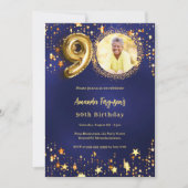 90e verjaardag navy blauw goud sterren foto kaart (Voorkant)