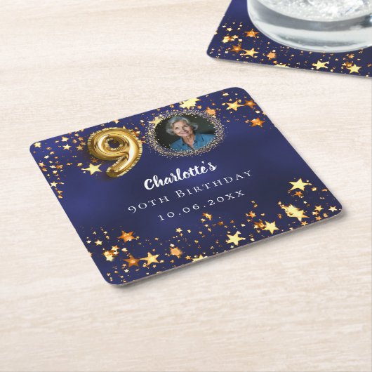 90e verjaardag navy blauw goud sterren foto kartonnen onderzetters (Schuin)