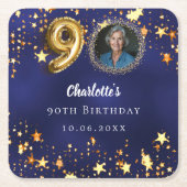 90e verjaardag navy blauw goud sterren foto kartonnen onderzetters (Voorkant)
